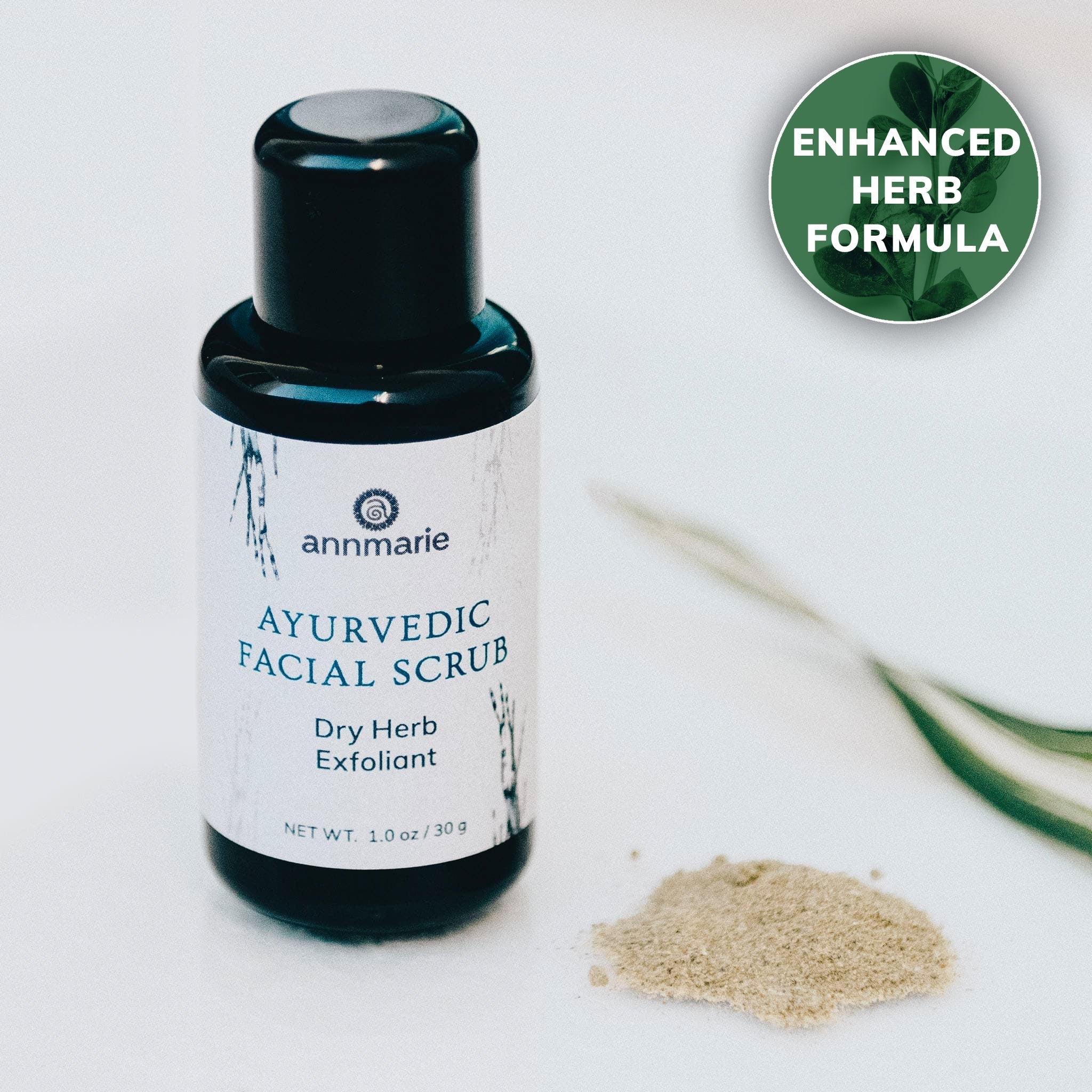 Ayurvedic Facial Scrub by Annmarie Skin Care in 30ml bottle, natural herbal exfoliant for glowing skin.