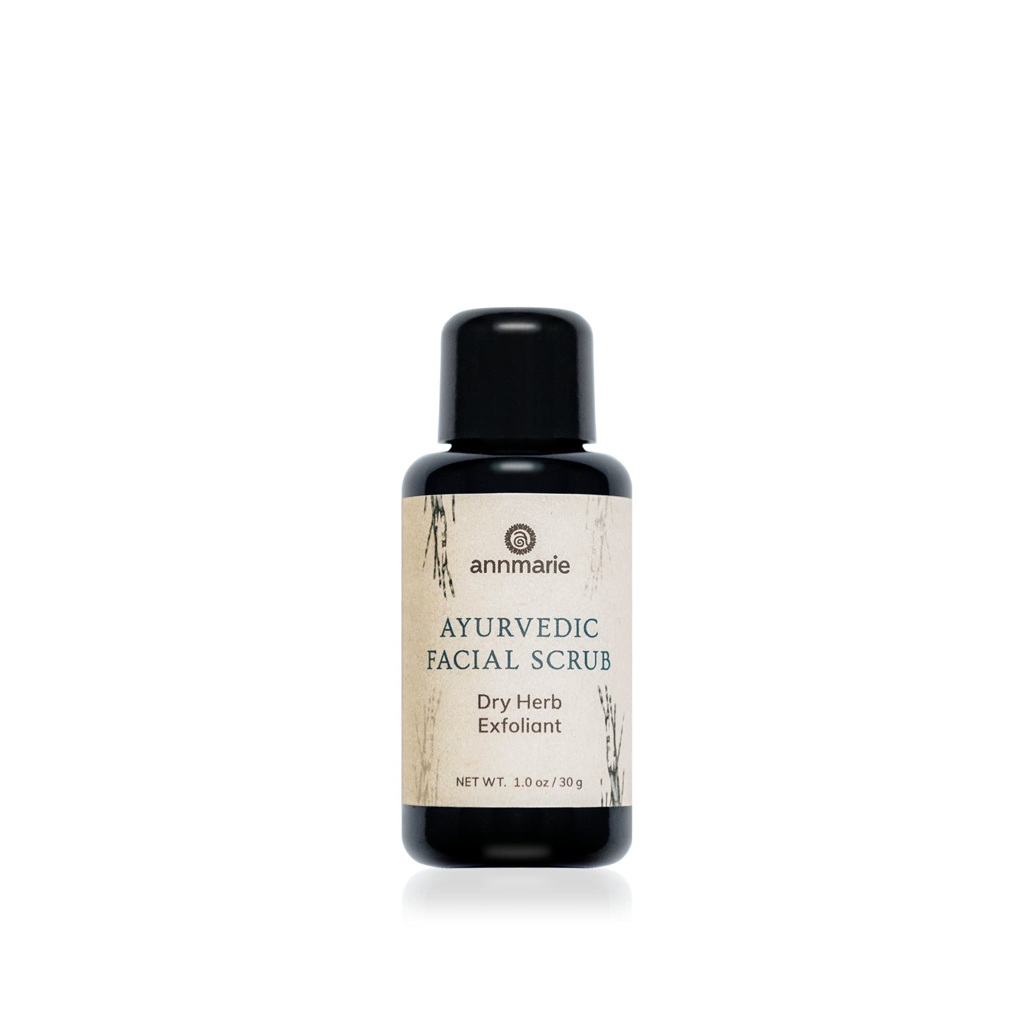 Ayurvedic Facial Scrub by Annmarie Skin Care in 30ml tube, featuring natural ingredients for gentle skin exfoliation.