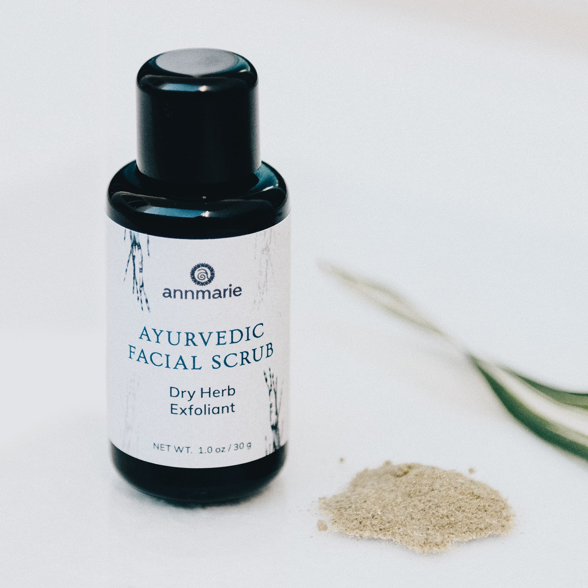 Ayurvedic Facial Scrub by Annmarie Skin Care in 30ml container, natural exfoliant for healthy, radiant skin.
