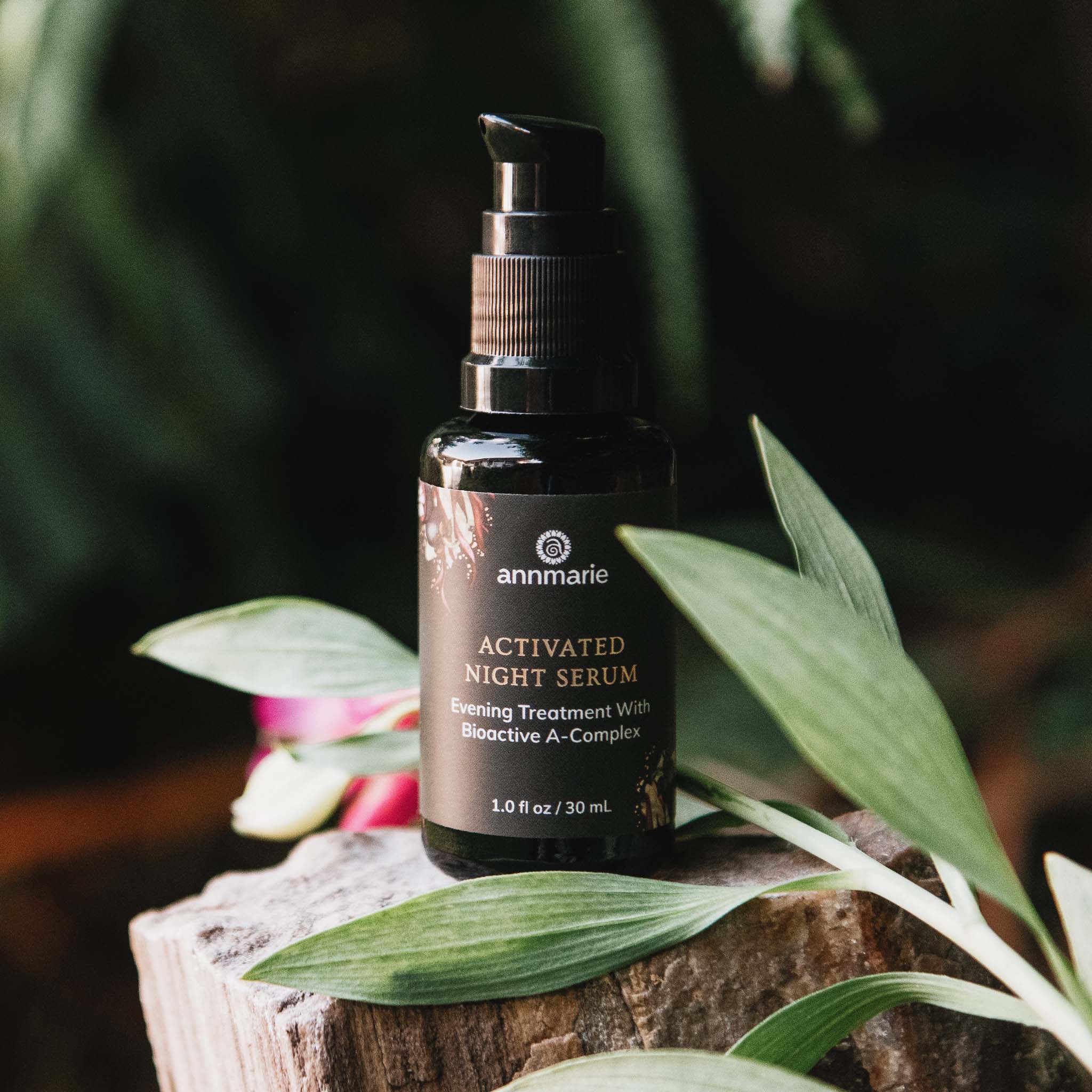 Annmarie Skin Care Activated Night Serum with retinol alternative, featuring a sleek bottle and dropper for nighttime skincare.