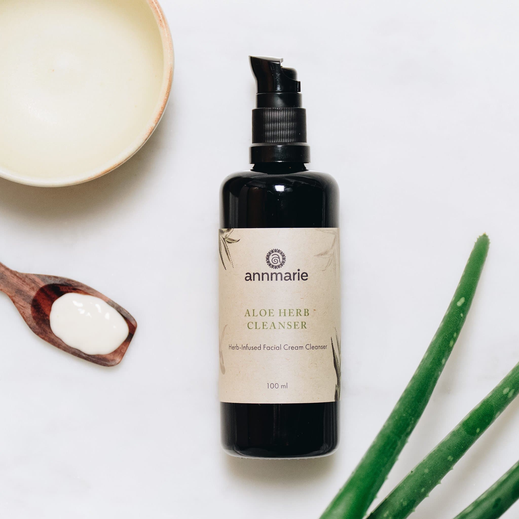 Aloe Herb Cleanser by Annmarie Skin Care in a 100ml bottle, featuring a clear label and natural ingredient imagery.