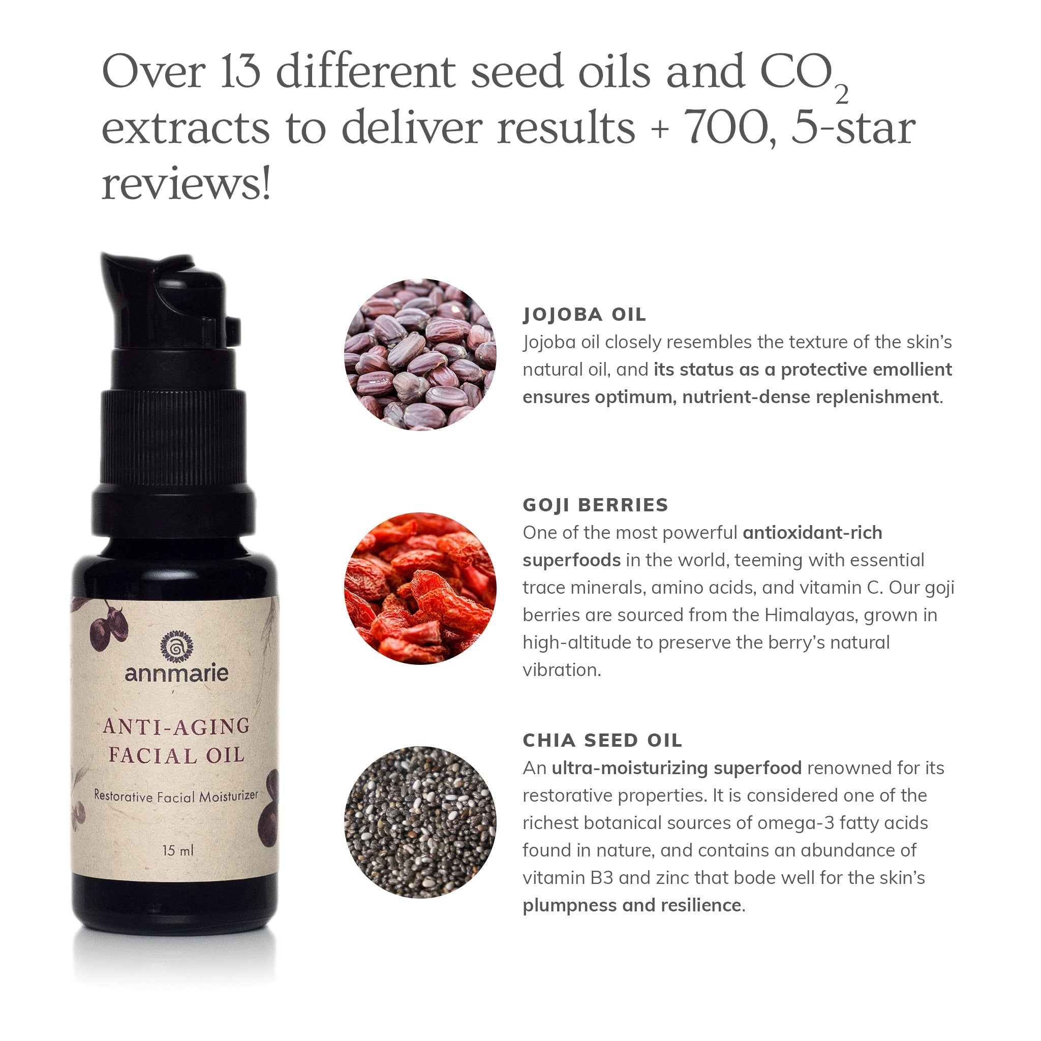 Anti-aging facial oil by Annmarie Skin Care in a 15ml bottle, featuring a nourishing and revitalizing skincare formula.