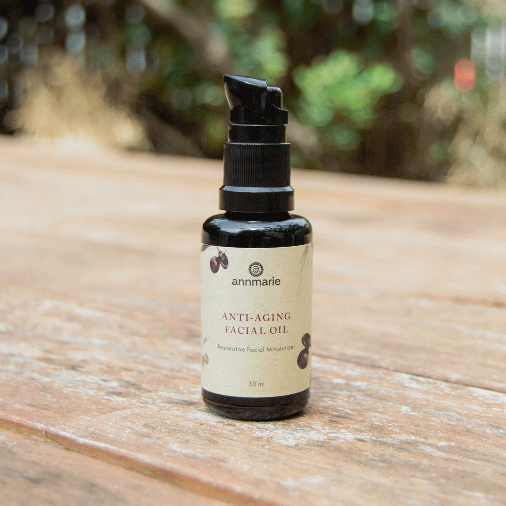 Anti-aging facial oil by Annmarie Skin Care in a 30ml bottle, featuring a natural formula for youthful skin.
