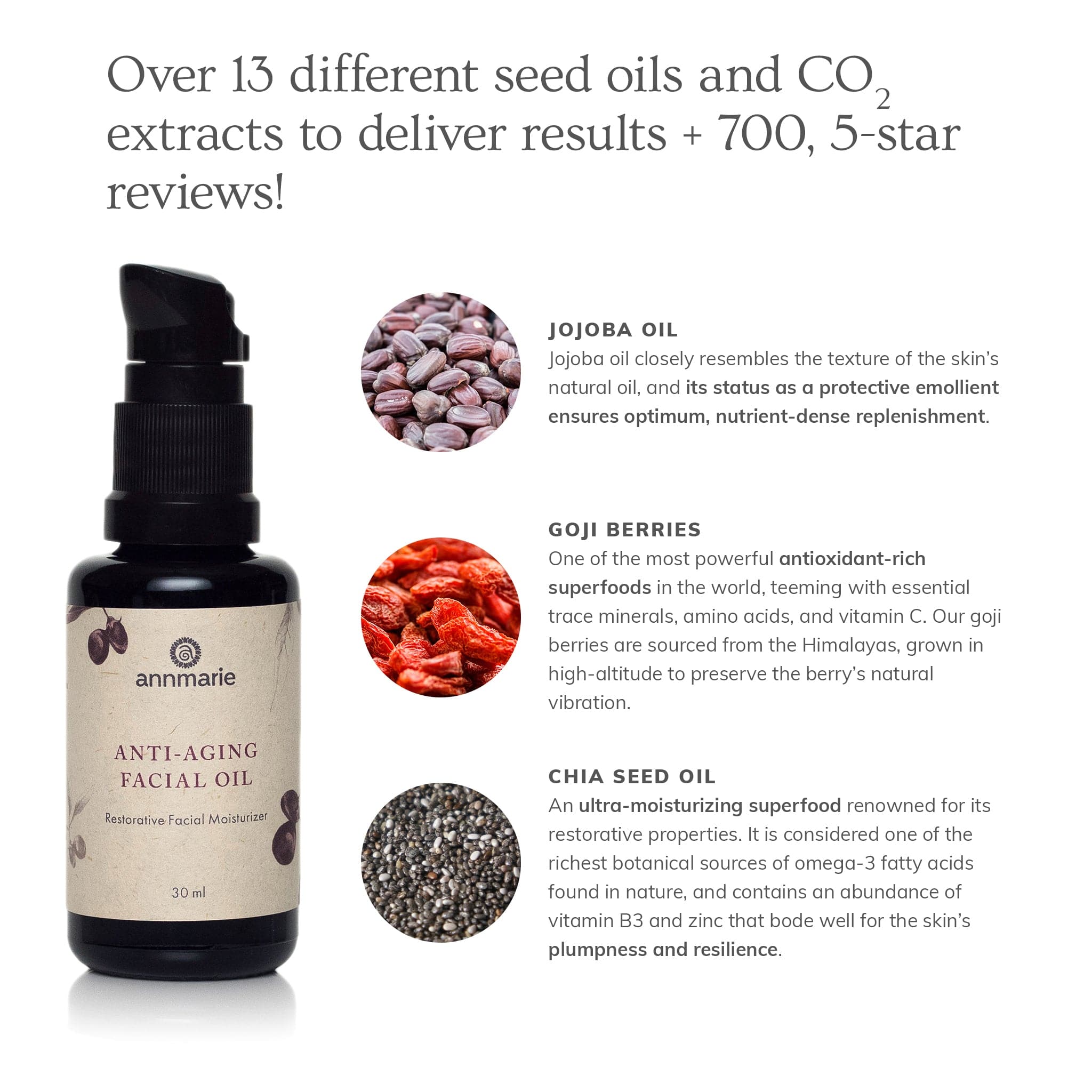 Anti-aging facial oil by Annmarie Skin Care in a 30ml bottle, featuring natural ingredients for youthful skin.