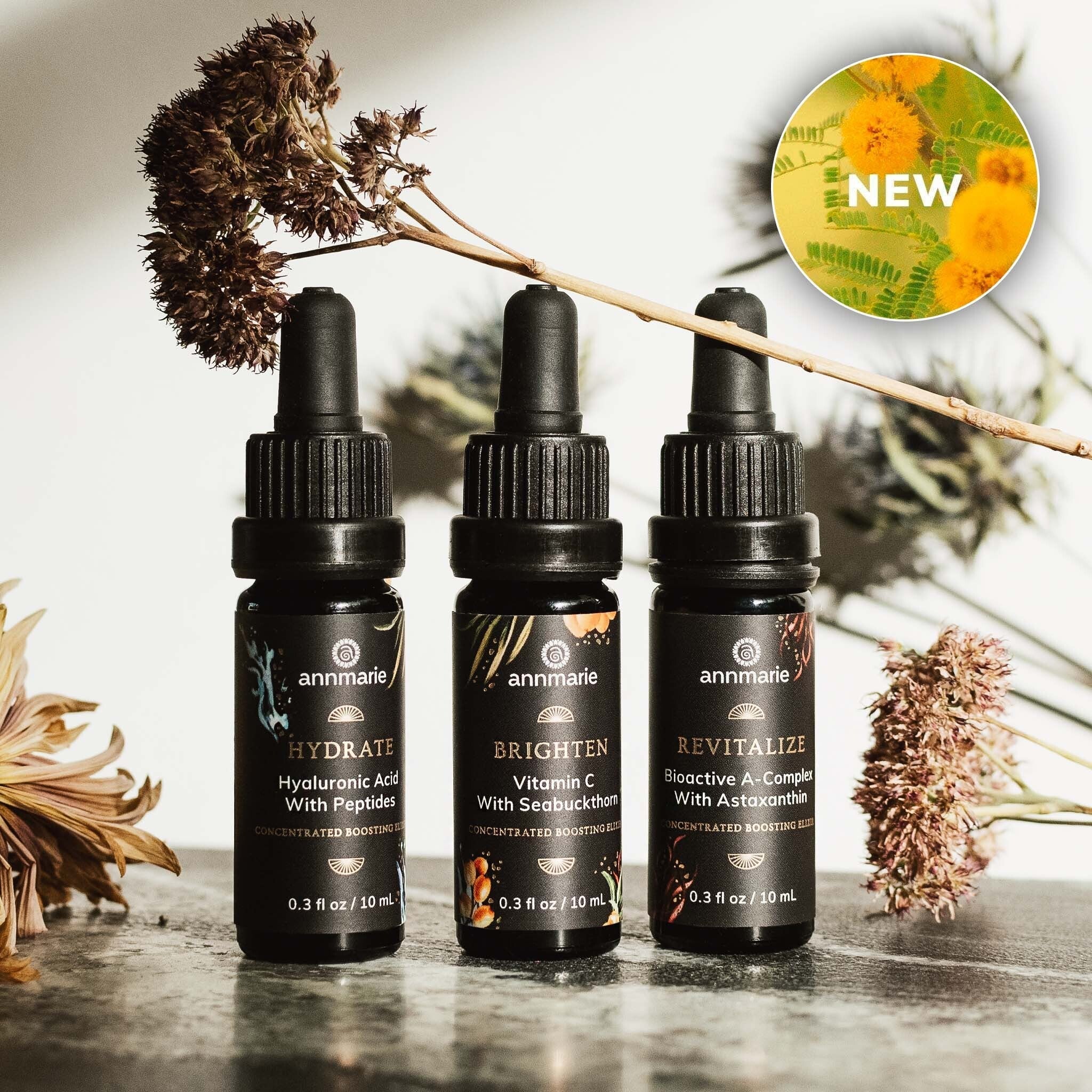 Collection of Annmarie Skin Care Concentrated Boosting Elixirs in 10ml bottles, designed to enhance skin health and radiance.