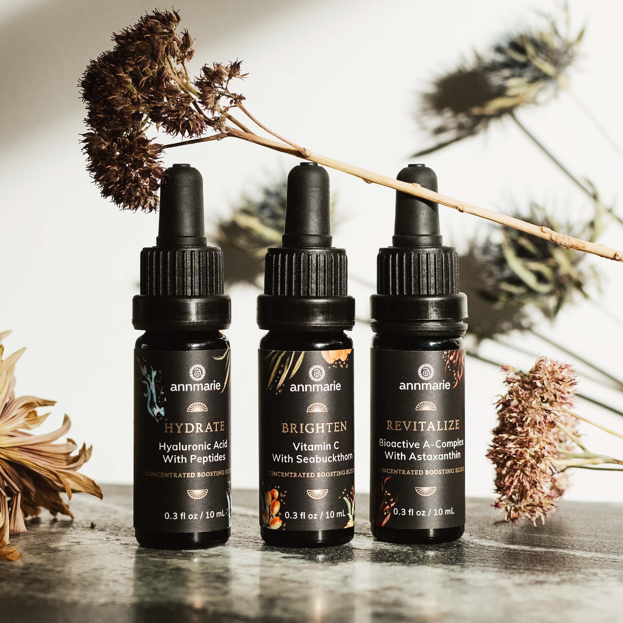 Annmarie Skin Care Concentrated Boosting Elixirs in 10ml bottles, featuring natural skincare ingredients for enhanced skin vitality.