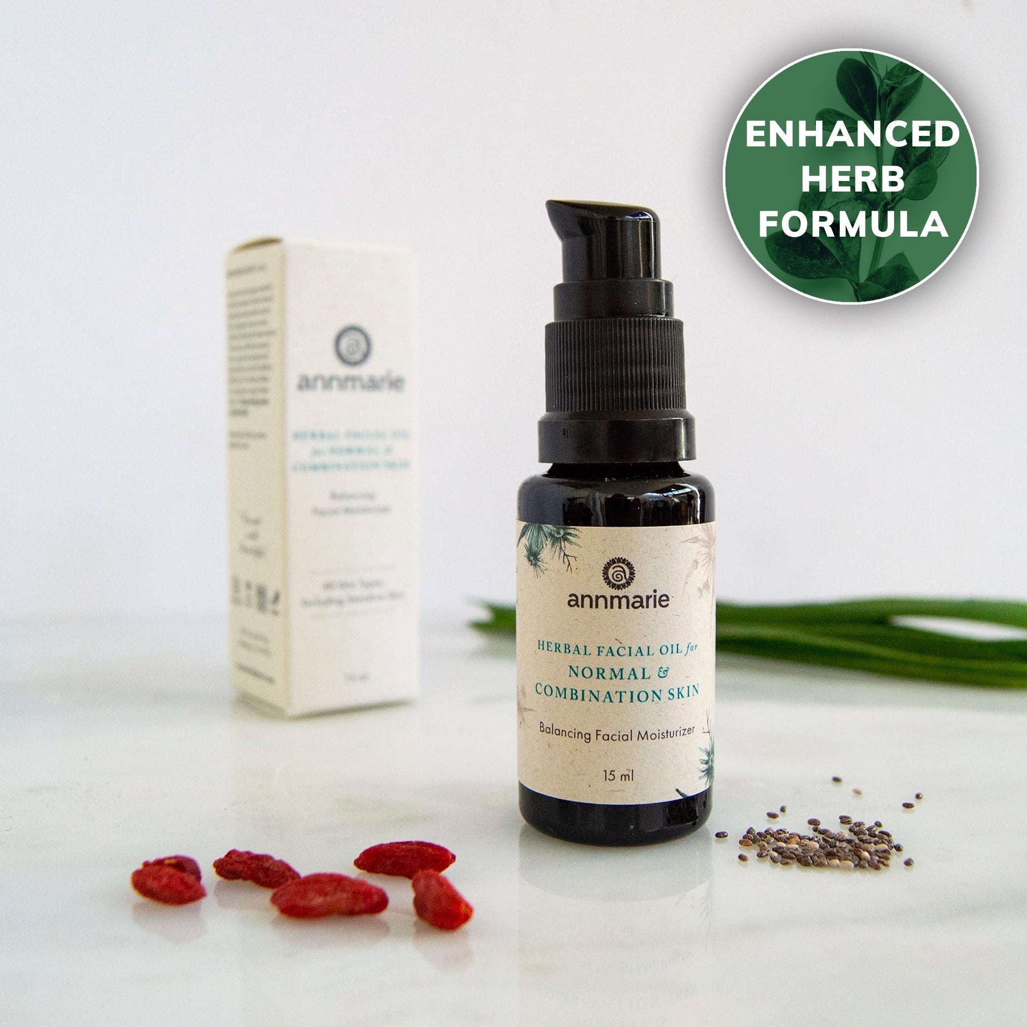 Herbal facial oil by Annmarie Skin Care for normal and combination skin in a 15ml bottle, featuring natural ingredients.