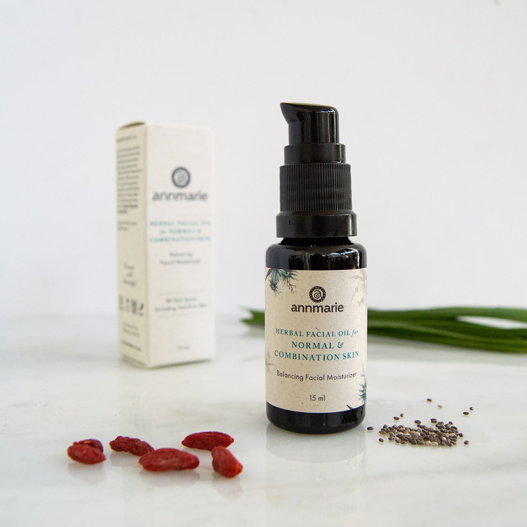 Herbal facial oil for normal and combination skin by Annmarie Skin Care in a 15ml bottle, natural skincare product.