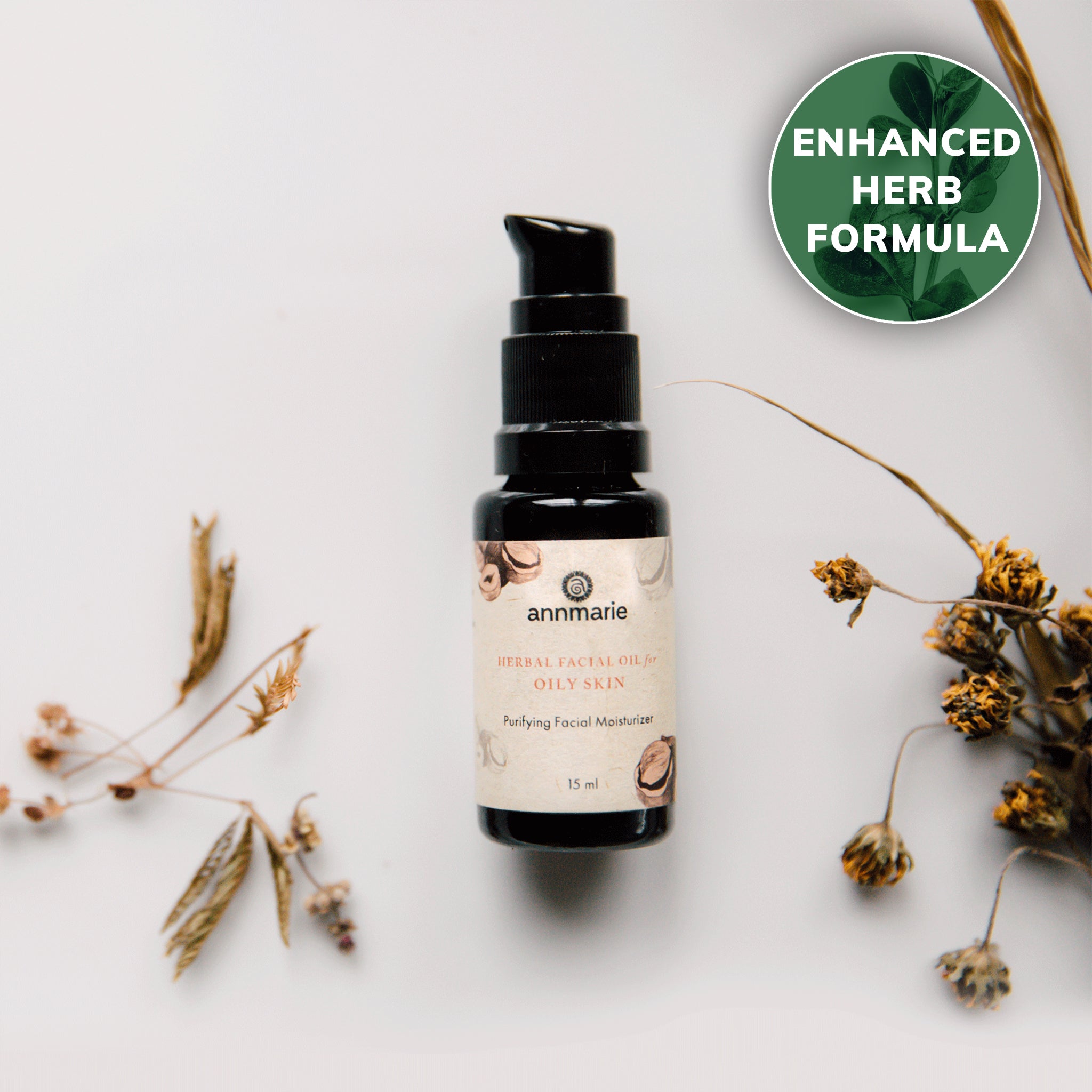 Herbal facial oil for oily skin by Annmarie Skin Care in a 15ml bottle, with natural ingredients and botanical extracts.