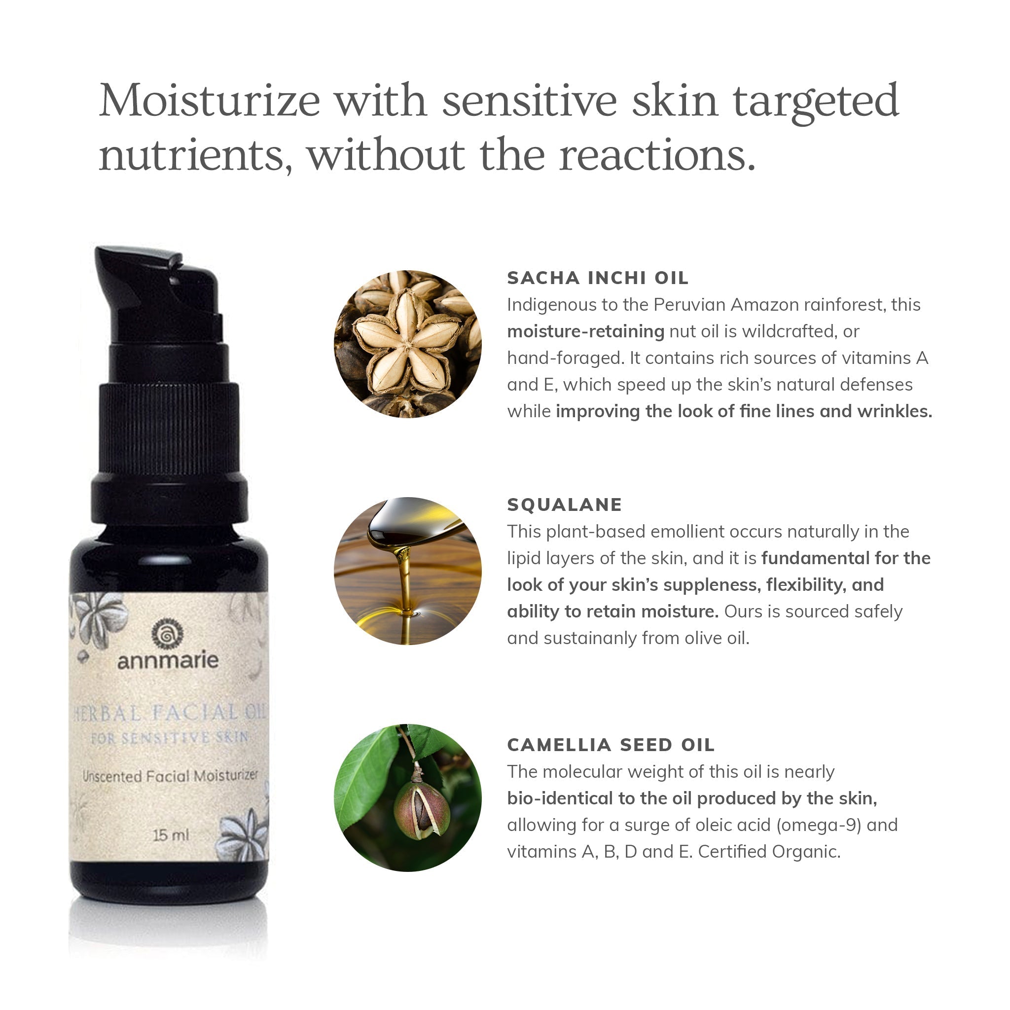 Herbal facial oil for sensitive skin by Annmarie Skin Care in a 15ml bottle, featuring natural botanical ingredients.