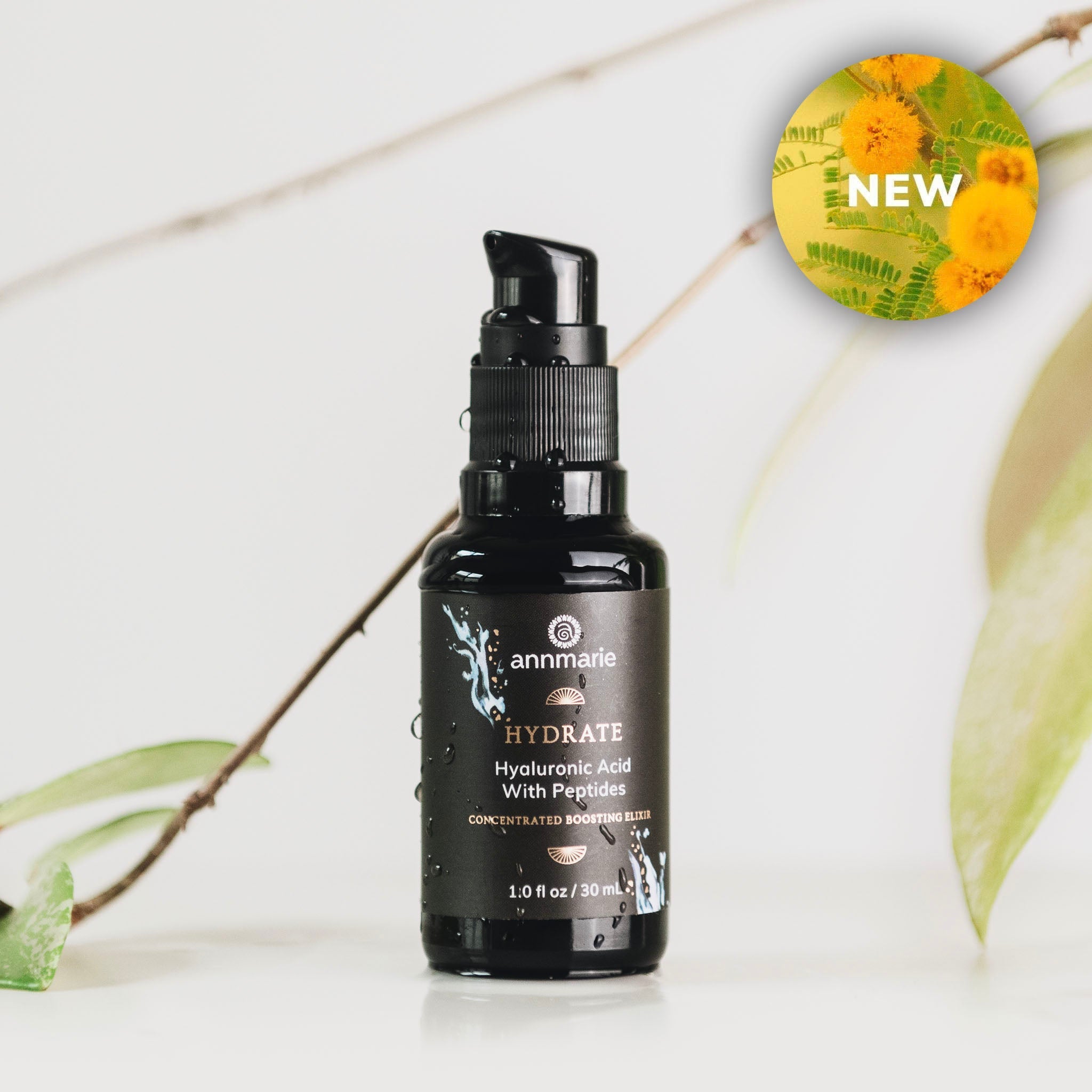 Hydrate Hyaluronic Acid with Peptides by Annmarie Skin Care in a 30ml bottle, promoting skin hydration and elasticity.