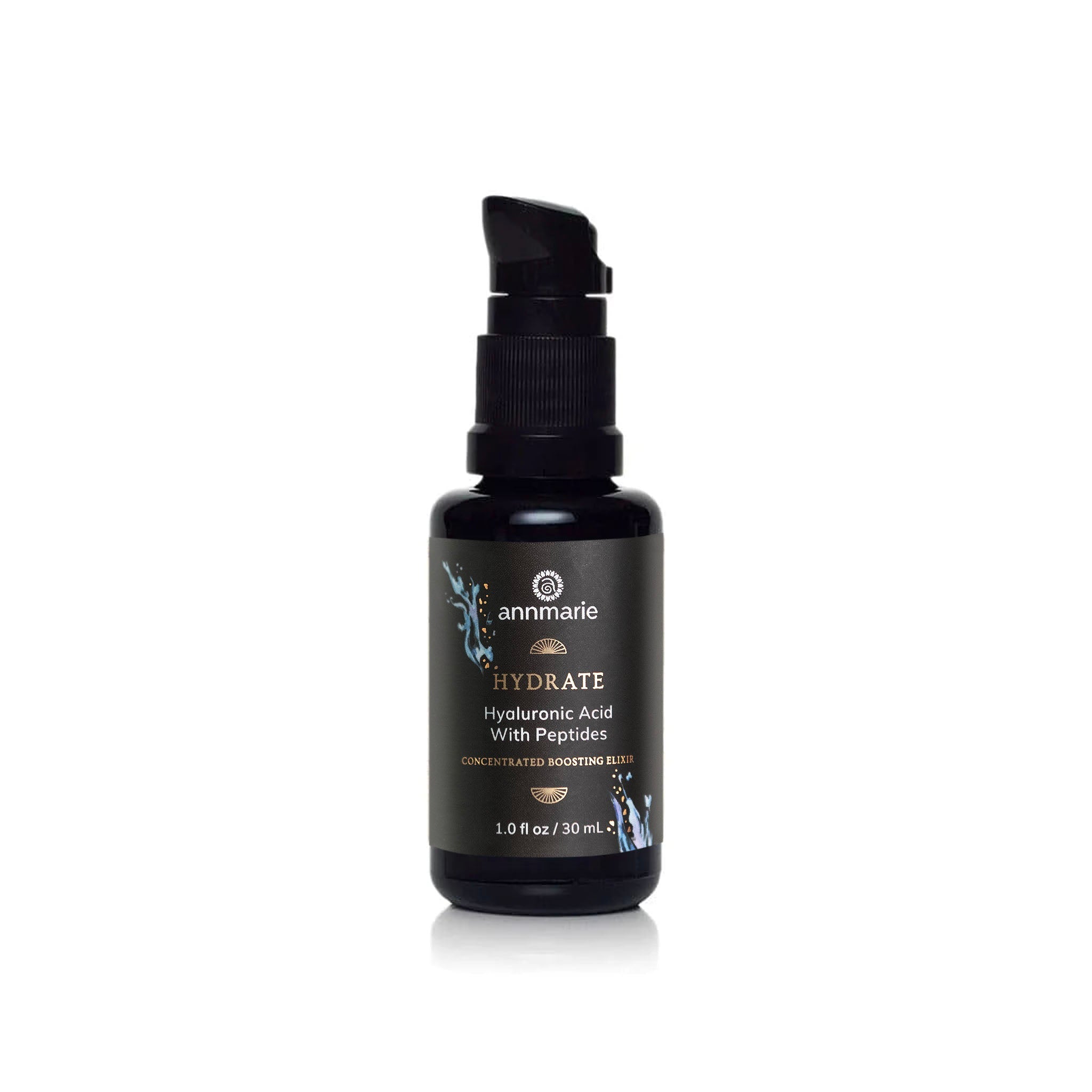 Bottle of Annmarie Skin Care Hydrate Hyaluronic Acid with Peptides serum, 30ml, in sleek container with pump dispenser.