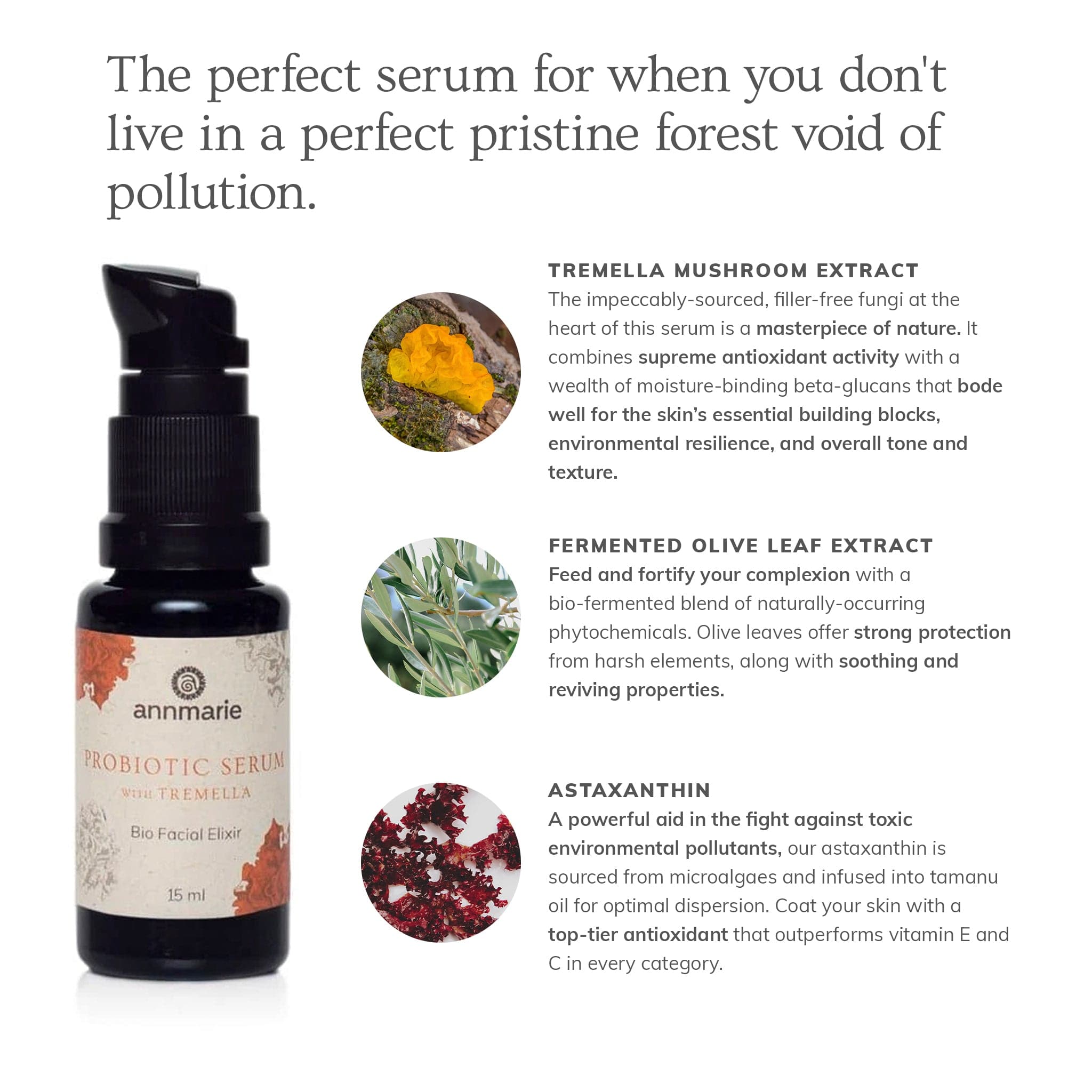 Annmarie Skin Care probiotic serum with tremella in a 15ml bottle, promoting healthy, hydrated skin in a natural facial elixir.