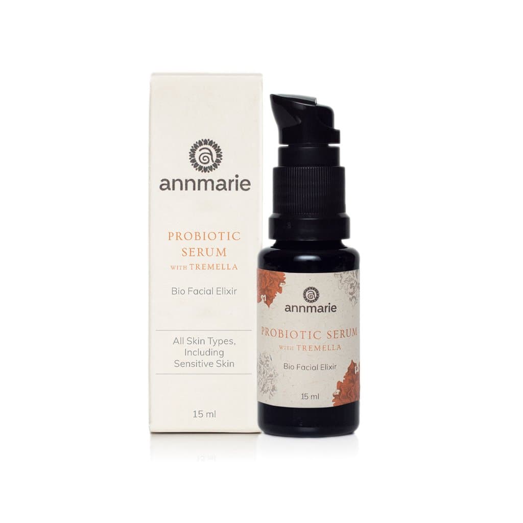 Probiotic serum with Tremella mushroom in a 15ml glass bottle, natural skincare product by Annmarie Skin Care.