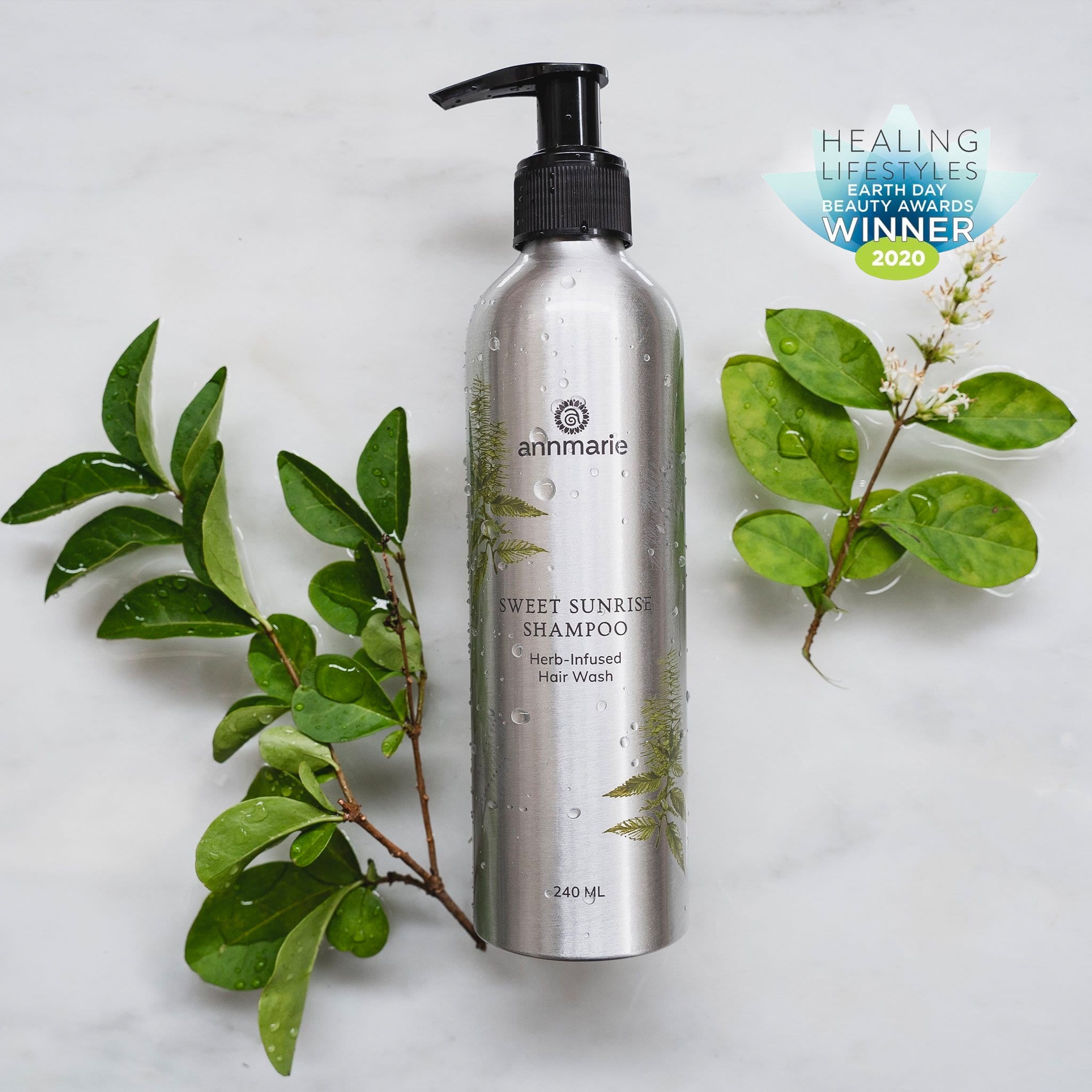 Sweet Sunrise Shampoo by Annmarie Skin Care in 240ml bottle, natural hair cleansing product with botanical ingredients.