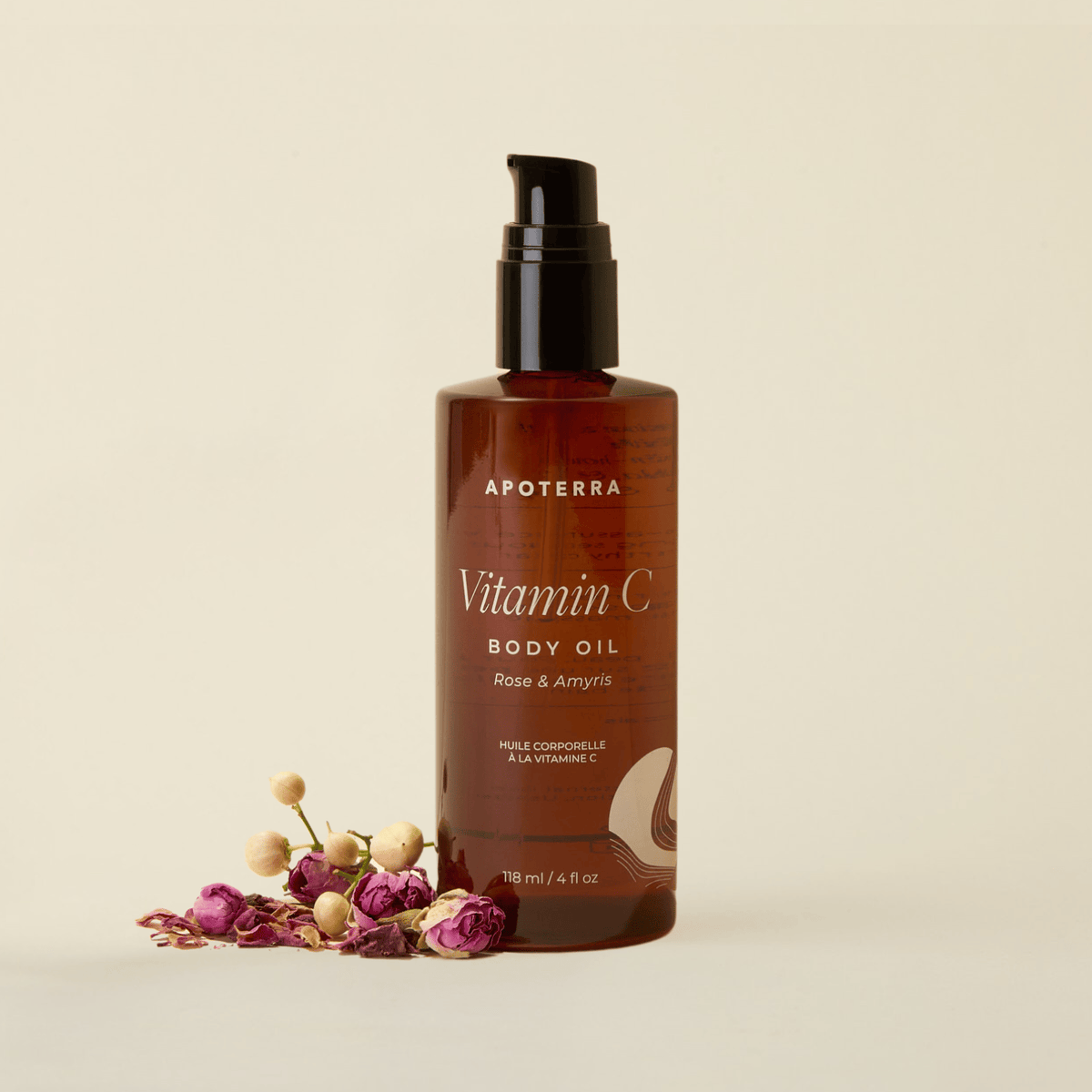 Apoterra Vitamin C Body Oil with rose and amyris, showcasing a sleek bottle for nourishing bath and body skincare.
