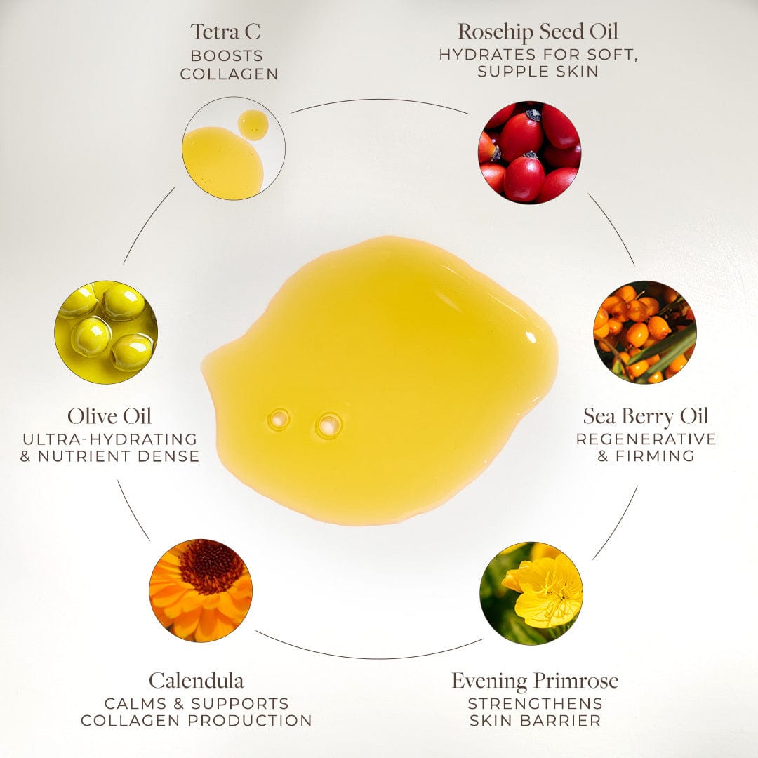 Apoterra Vitamin C Body Oil bottle with ingredients for nourishing bath and body use, featuring natural citrus and plant extracts.