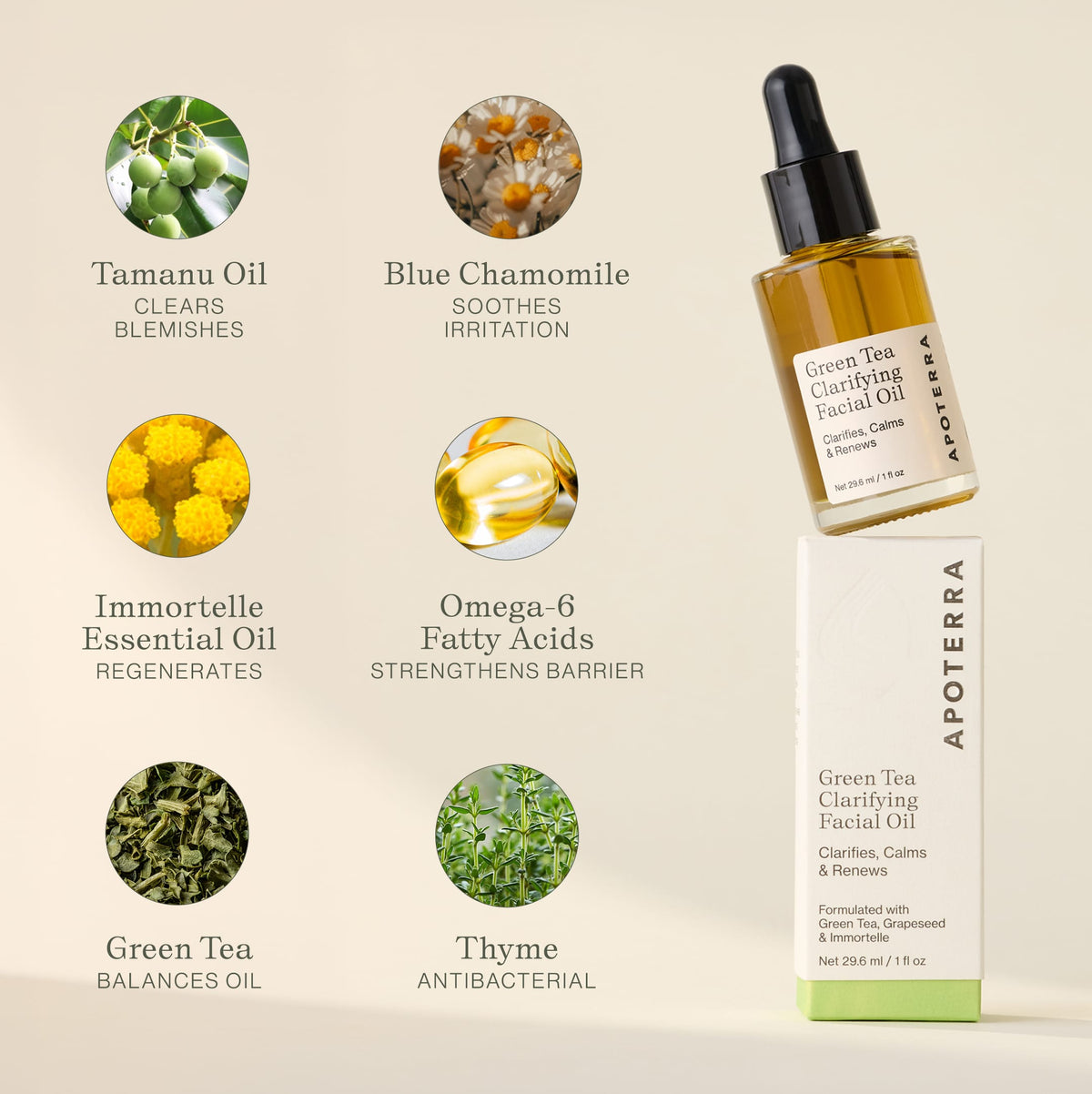 Green Tea Clarifying Facial Oil by Apoterra, featuring fresh green tea ingredients and natural botanical extracts for skin clarity.