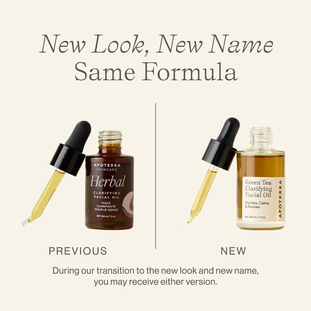 Green Tea Clarifying Facial Oil by Apoterra, natural facial oil with green tea for skin clarifying and hydration, shown in a glass bottle.