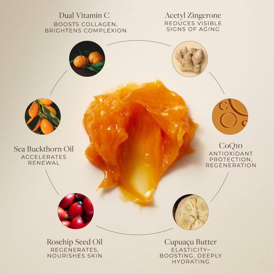 Apoterra Vitamin C Regenerative Balm facial oil with natural ingredients, showing a jar of the skincare product and botanical elements.