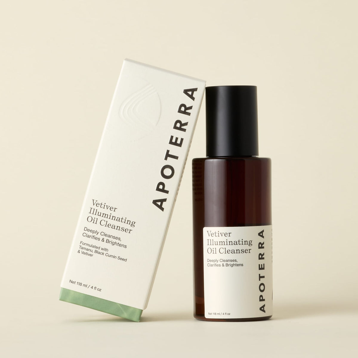 Apoterra Vetiver Illuminating Oil Cleanser soap bar with natural vetiver scent and nourishing ingredients, shown in a close-up image.