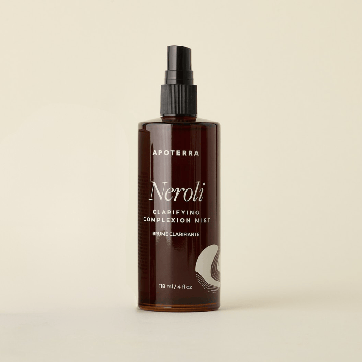 Apoterra Neroli Clarifying Complexion Mist in a spray bottle, featuring a light floral scent and clear liquid for skin refreshment.