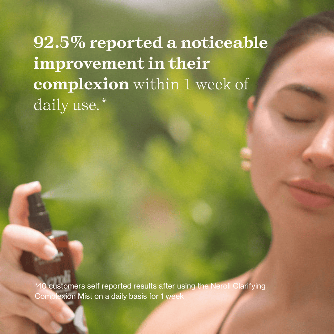 Customer review of Apoterra Neroli Clarifying Complexion Mist toner, showing the product bottle with fresh ingredients.