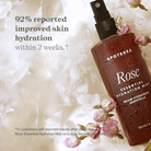 Apoterra Rose Essential Hydration Mist toner in a clear spray bottle with rose petals, providing refreshing hydration for the skin.
