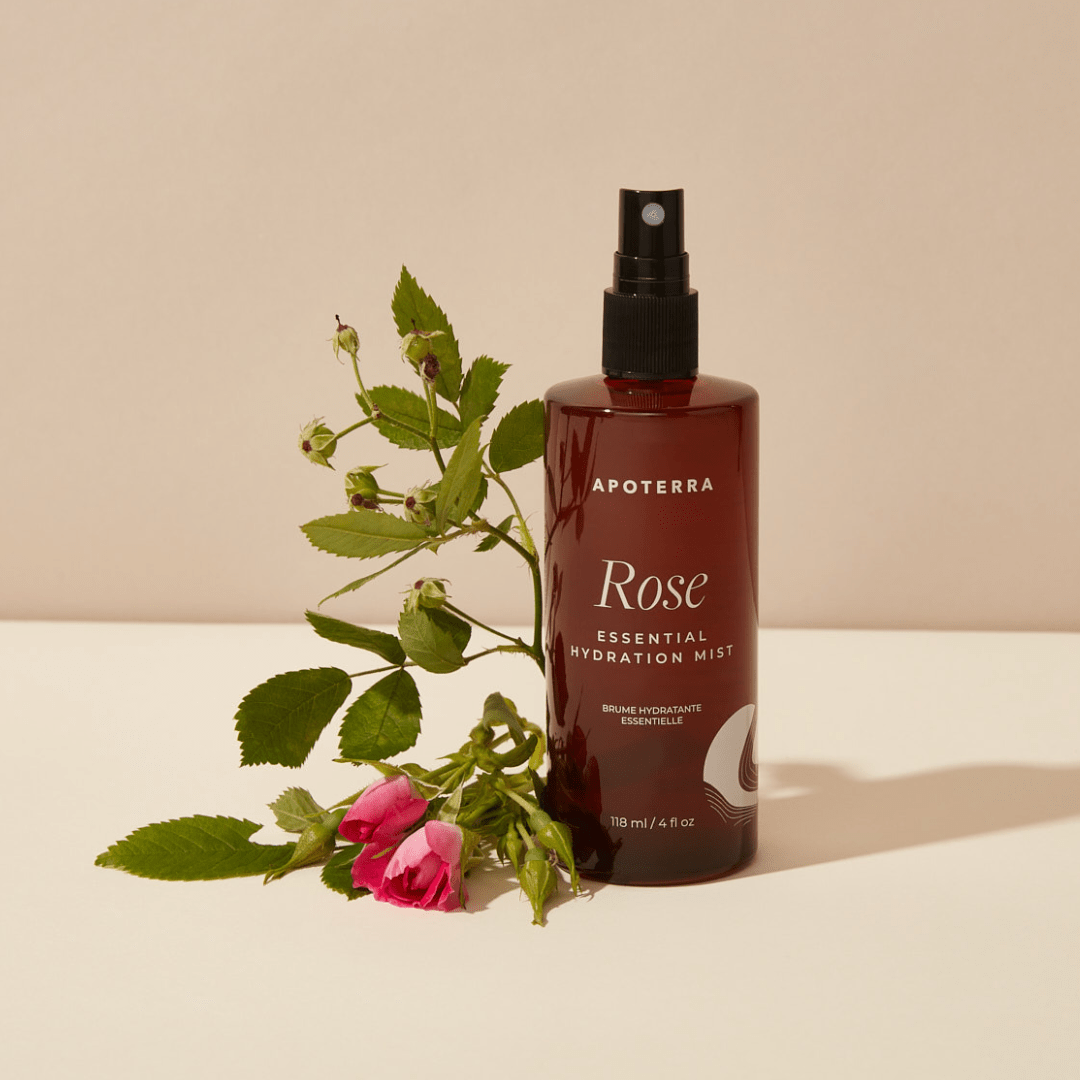 Apoterra Rose Essential Hydration Mist toner with hyaluronic acid, featuring a floral rose facial mist in a spray bottle.