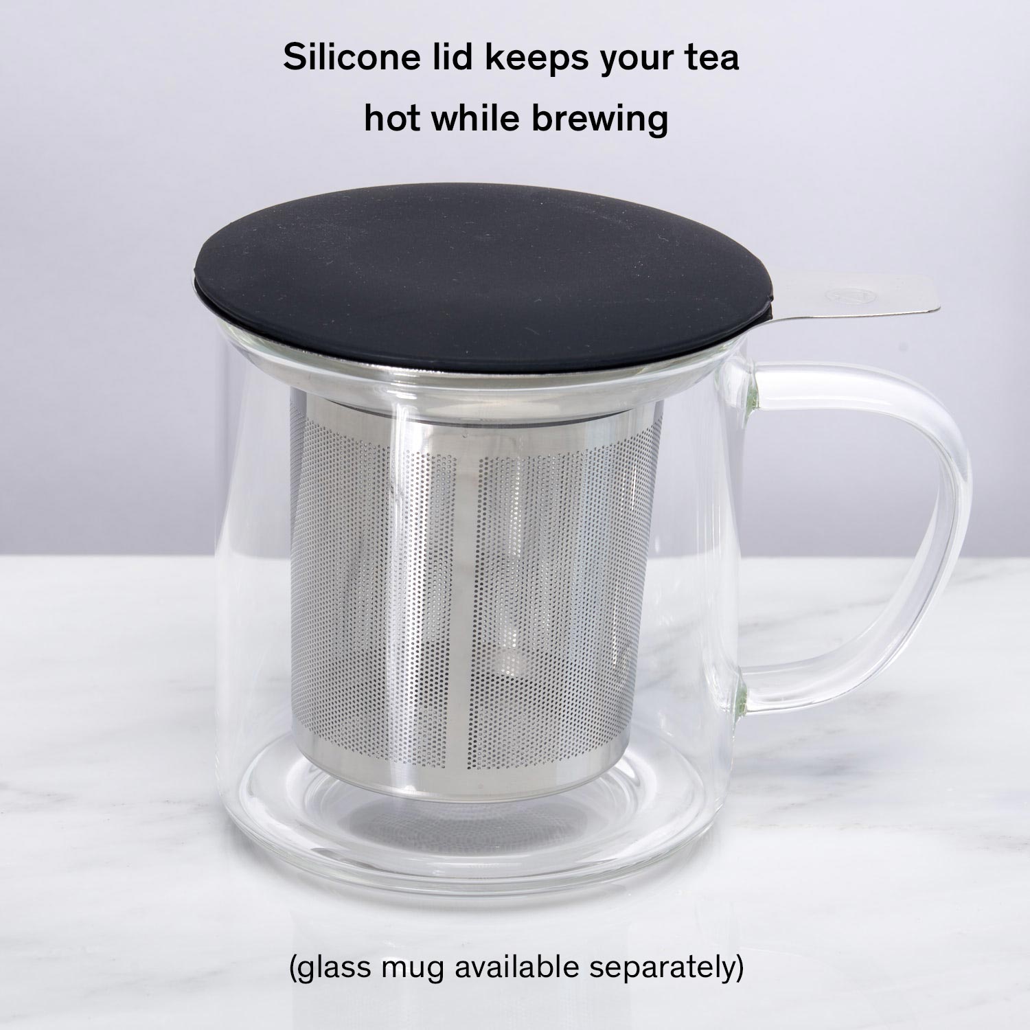 August Uncommon Tea stainless steel one-cup tea infuser in a cup, designed for easy tea brewing and infusing.