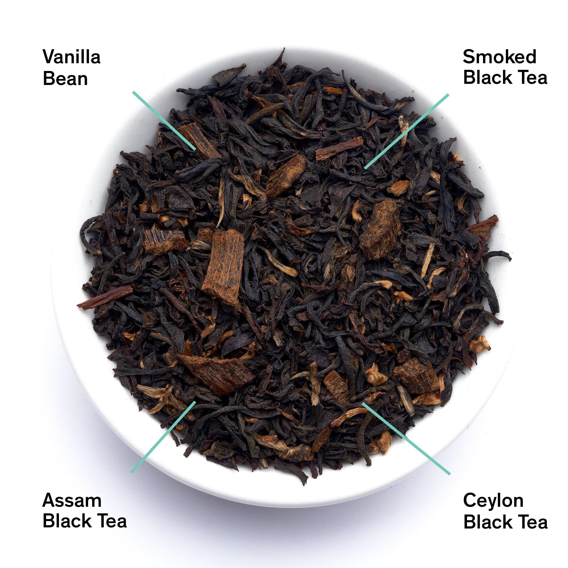 Smoky vanilla black tea bag from August Uncommon Tea, featuring black tea with smoky vanilla flavor in a 15-cup bag.