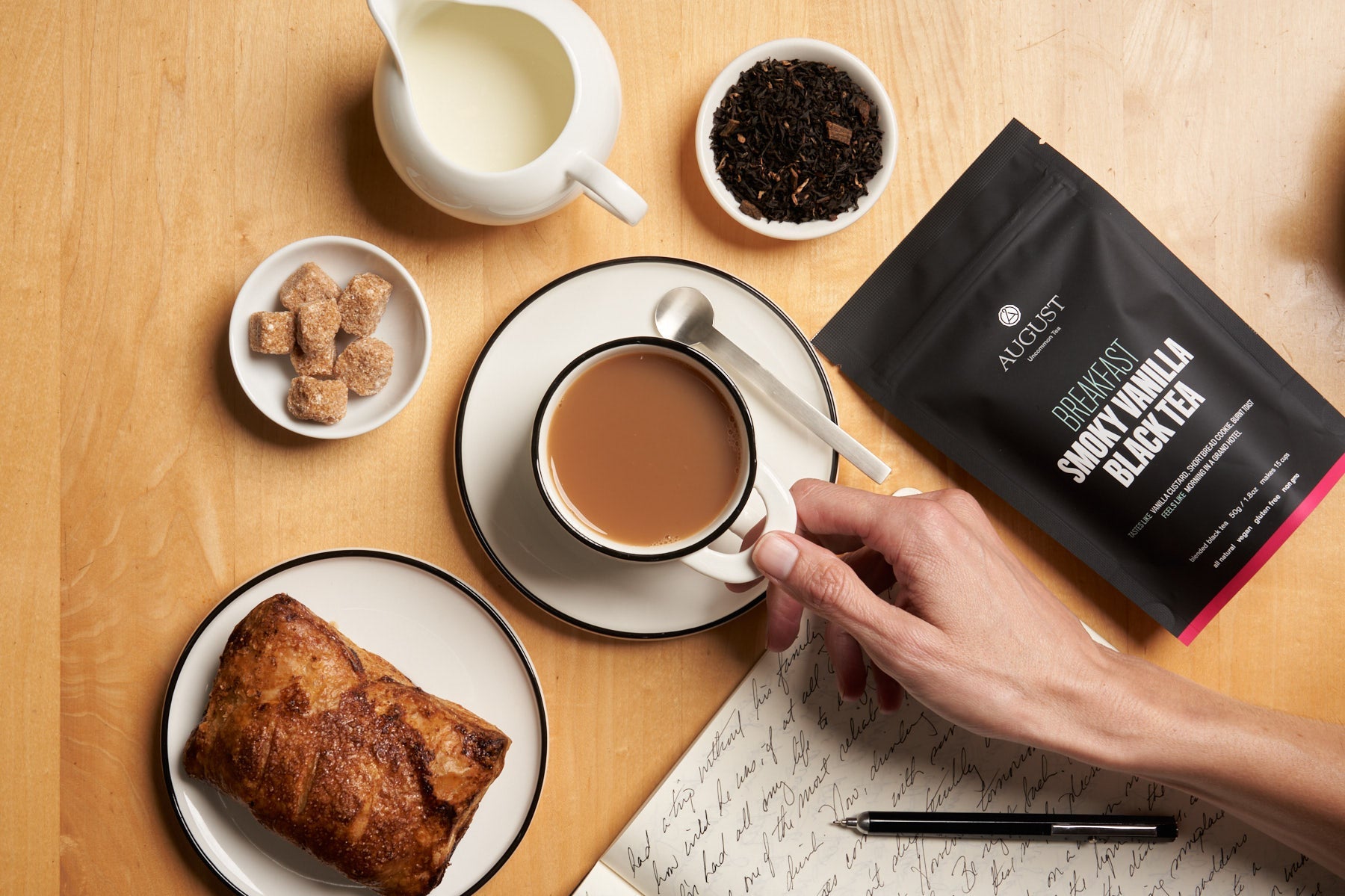 Smoky vanilla black tea bag from August Uncommon Tea, featuring a black tea blend with vanilla and smoky flavor notes.