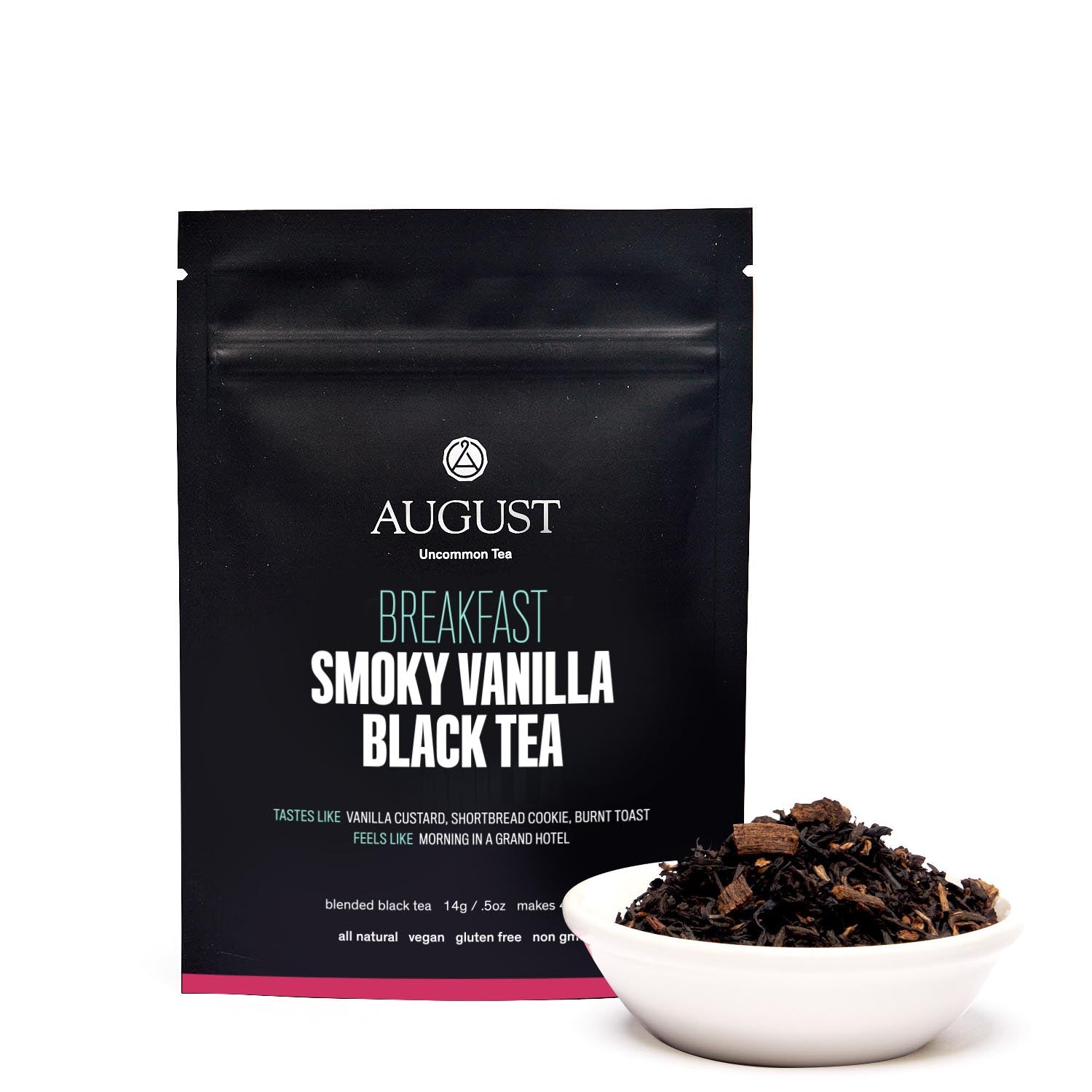 Black tea bag of August Uncommon's Smoky Vanilla Black Tea, a flavorful beverage from the black teas category.