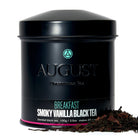 Smoky vanilla black tea bag from August Uncommon Tea, showcasing the packaging for Breakfast flavor black tea.