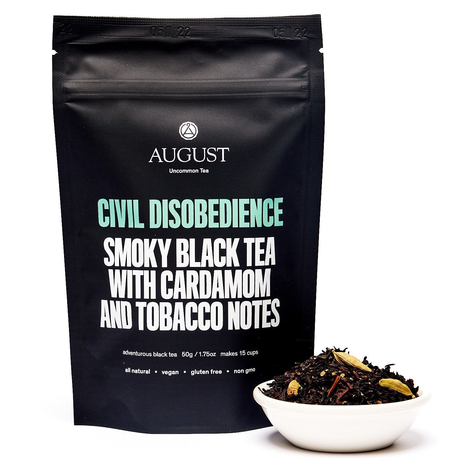 Smoky Cardamom Black Tea in a 15-cup bag by August Uncommon Tea, featuring a rich, aromatic blend of black tea with smoky and spicy notes.