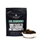 August Uncommon Tea Civil Disobedience Smoky Cardamom Black Tea in a 15-cup bag, rich black tea with smoky and spicy cardamom flavor.