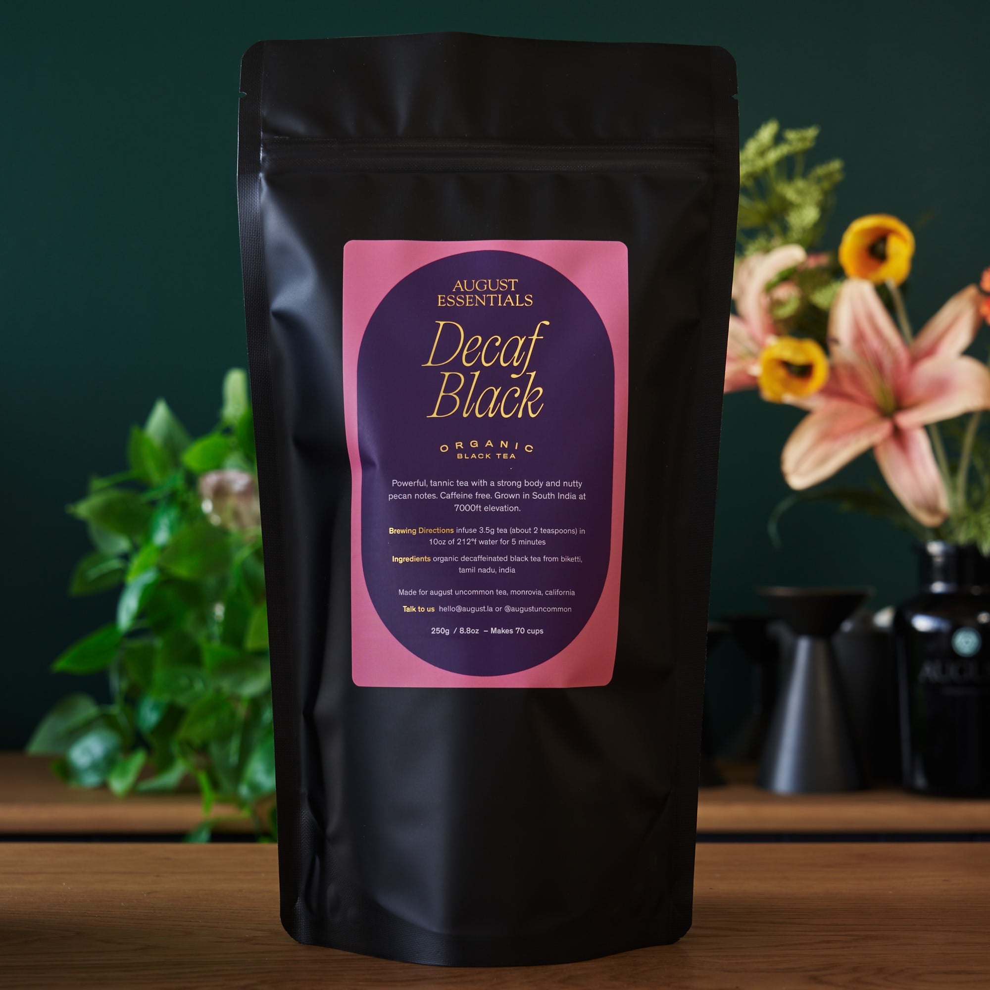 Essentials Decaf Black Black Tea bag from August Uncommon Tea, showcasing a 15-cup bag of decaffeinated black tea for beverages.