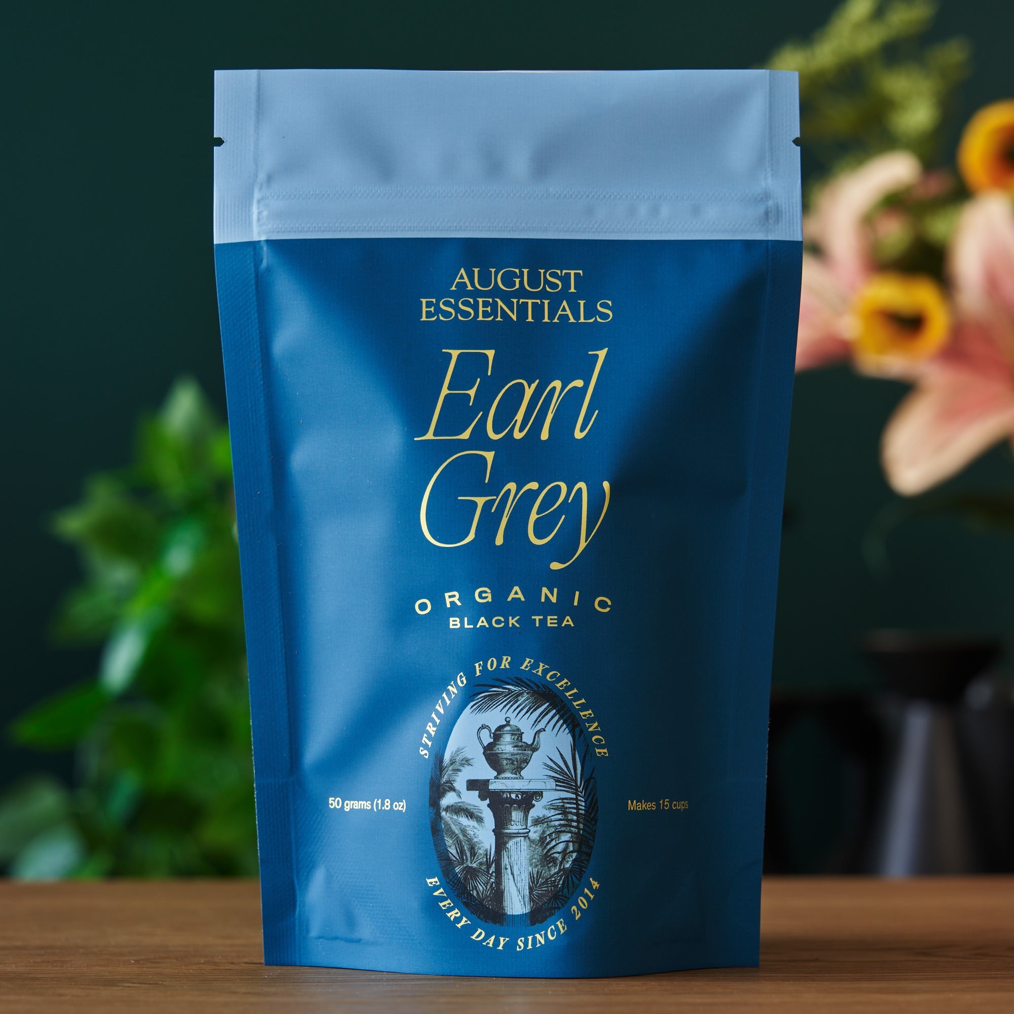 August Uncommon Tea Essentials Earl Grey Black Tea bag, premium black tea with bergamot flavor, in a 15-cup bag.