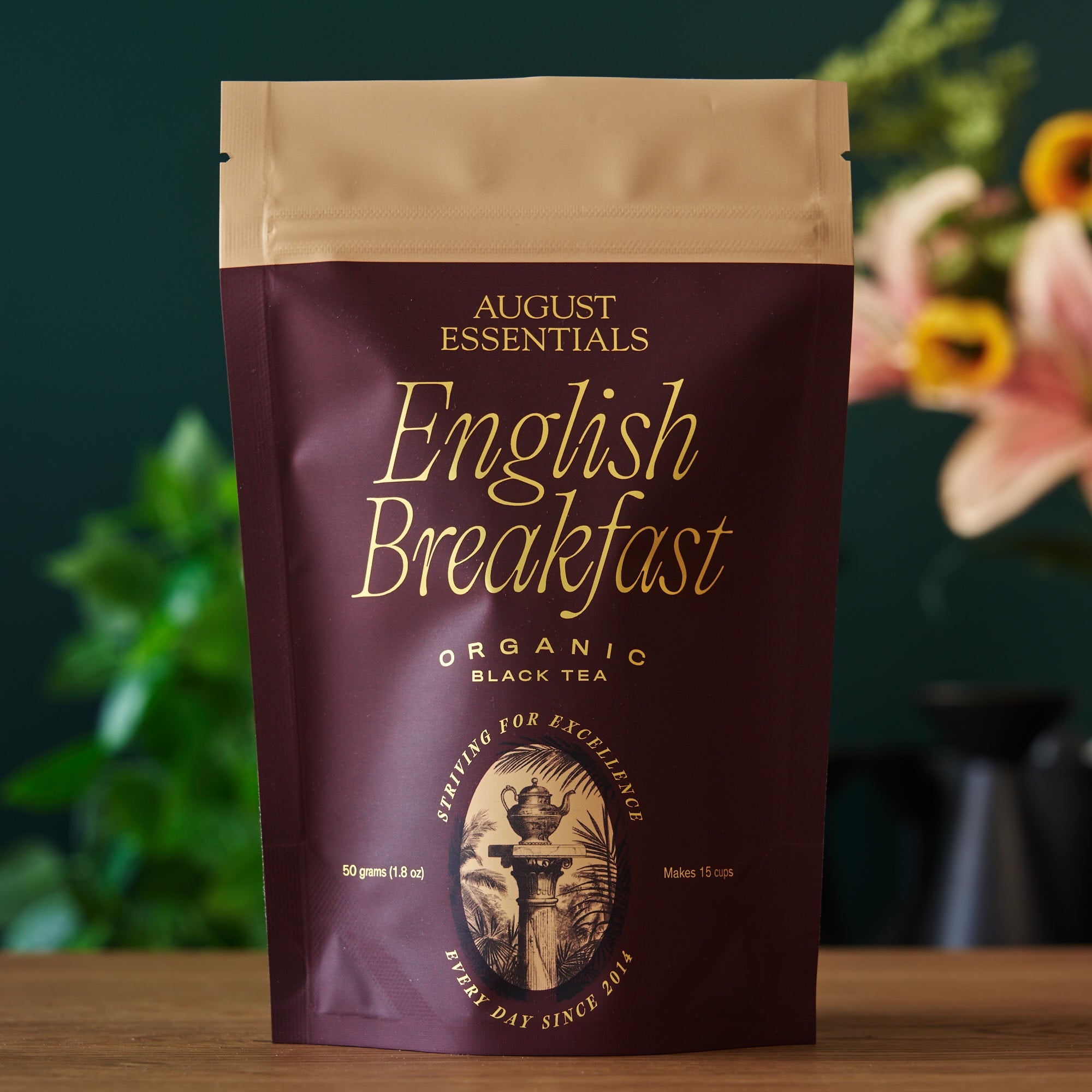 August Uncommon Tea Essentials English Breakfast Black Tea in a 15-cup bag, showcasing the black tea blend for brewing.