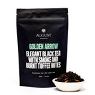 Golden Arrow Smoky Toffee Black Tea bag from August Uncommon Tea, showcasing a 15-cup black tea package with rich, smoky toffee flavor.