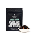 Golden Arrow Smoky Toffee Black Tea in a 15-cup bag by August Uncommon Tea, featuring rich dark leaves and a smoky toffee aroma.