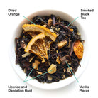 August Uncommon Tea Mood Indigo black tea with smoky orange vanilla flavor in a 15-cup bag, perfect for black tea lovers.