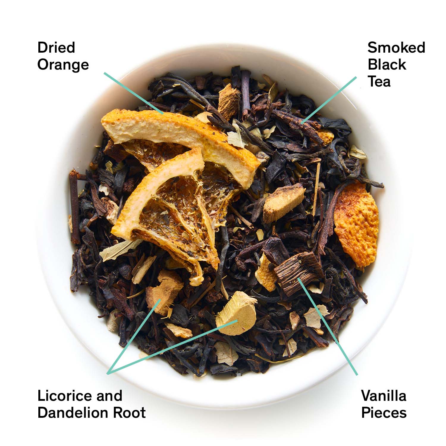 August Uncommon Tea Mood Indigo black tea with smoky orange vanilla flavor in a 15-cup bag, perfect for black tea lovers.