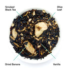 Smoky Banana Black Tea bag from August Uncommon Tea, featuring black tea with smoky and banana flavors in a 15-cup package.