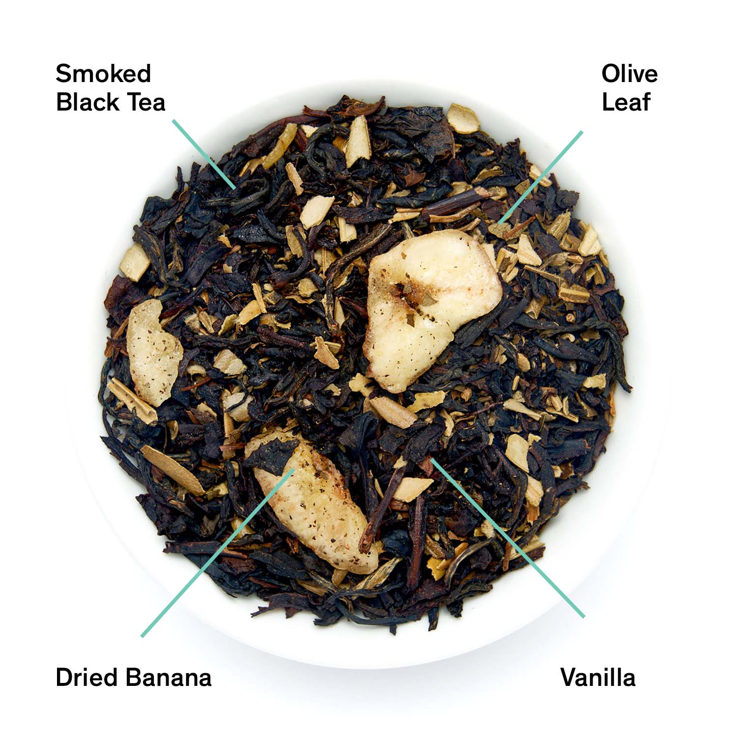Smoky Banana Black Tea bag from August Uncommon Tea, featuring black tea with smoky and banana flavors in a 15-cup package.