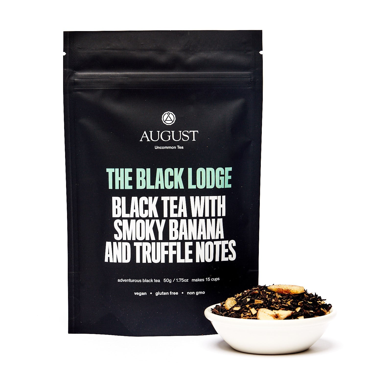 Black Lodge Smoky Banana Black Tea bag by August Uncommon Tea, showcasing the premium black tea with smoky and banana flavor notes.
