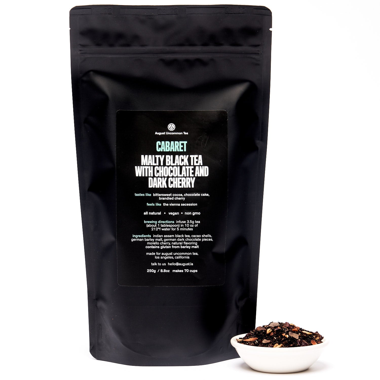 Cabaret Cherry Chocolate Black Tea by August Uncommon Tea in a 28-cup black tin, showcasing rich cherry and chocolate flavors.
