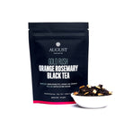Black tea in a 28-cup tin featuring Gold Rush Orange Rosemary Caramel flavor from August Uncommon Tea.