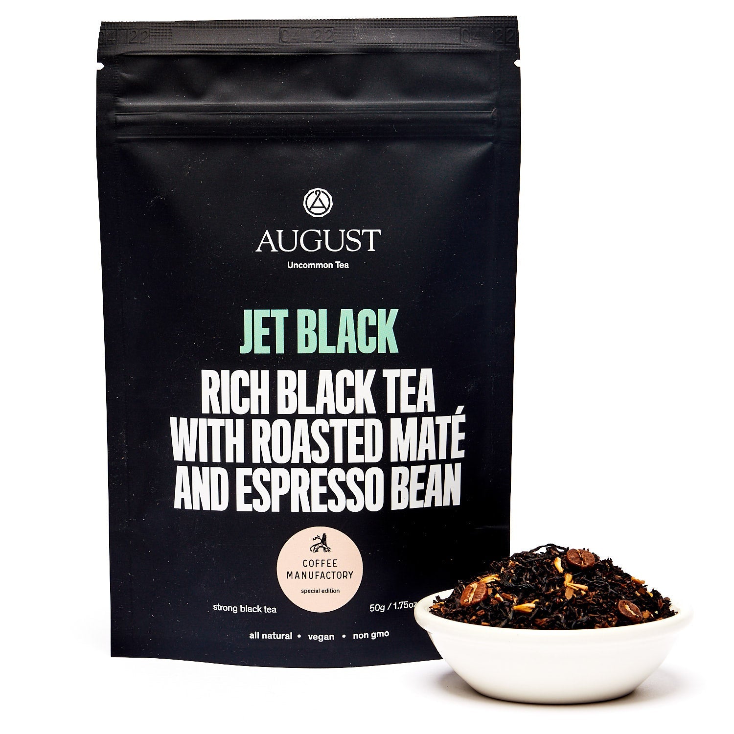 Jet Black Roasty Coffee Black Tea by August Uncommon Tea in a 28-cup tin, showcasing rich black tea leaves with a dark, roasted appearance.