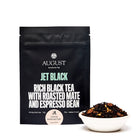 Jar of Jet Black Roasty Coffee Black Tea by August Uncommon Tea, showcasing the black tea in a 28-cup tin container.